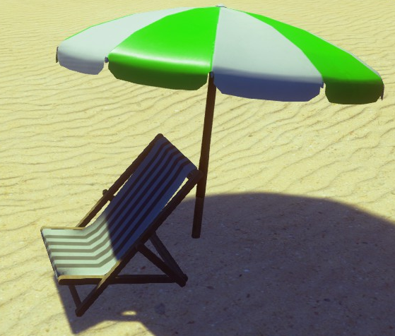 A white-green striped beach chair under a similarly striped umbrela, seemingly captured at a videogame beach somewhere. A big shadow is cast slightly to the right, hinting at the warm sun overhead. There's nothing else in the frame, making you wonder where this place was, and what it meant to the person taking the screenshot. You can almost hear the waves.